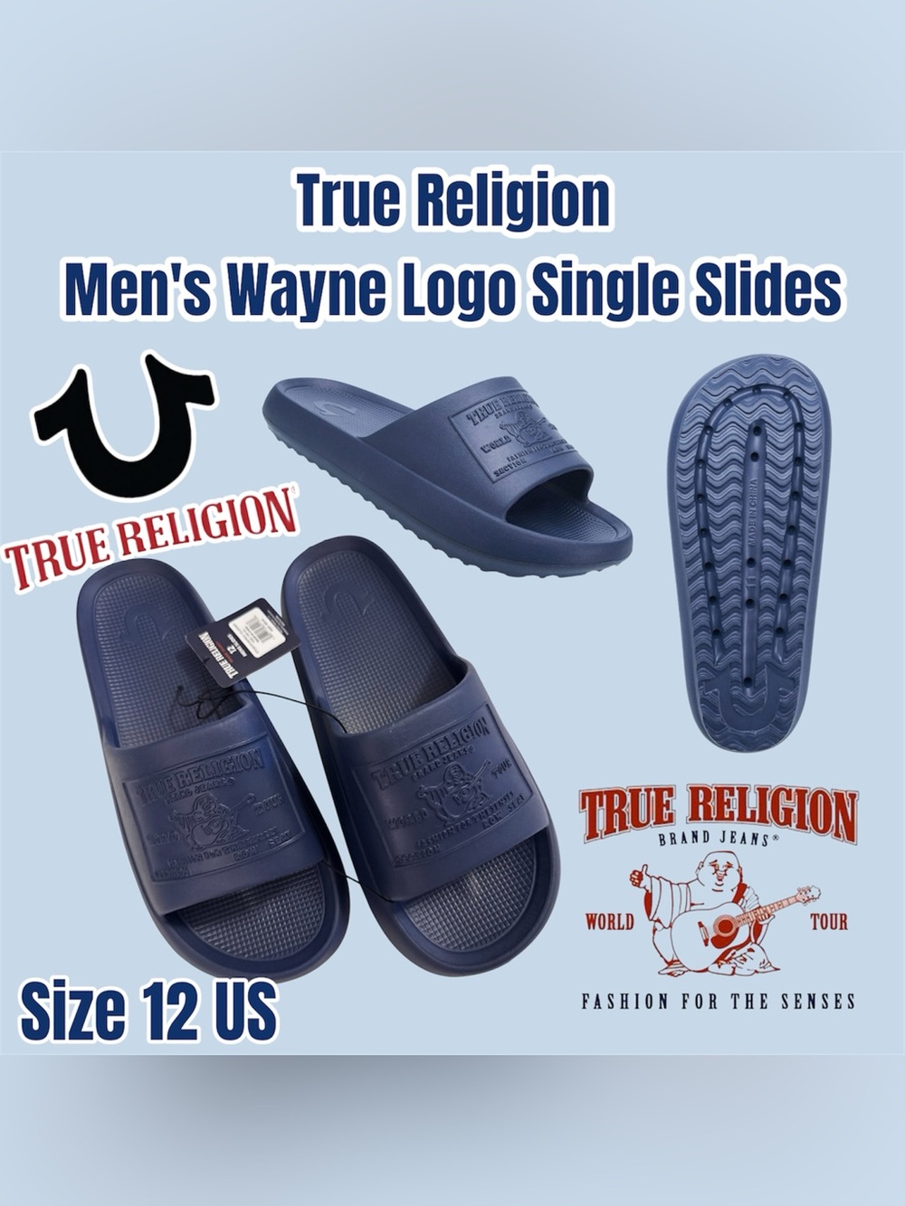 True Religion Men's Wayne Logo Single Slides - Navy, Size 12
